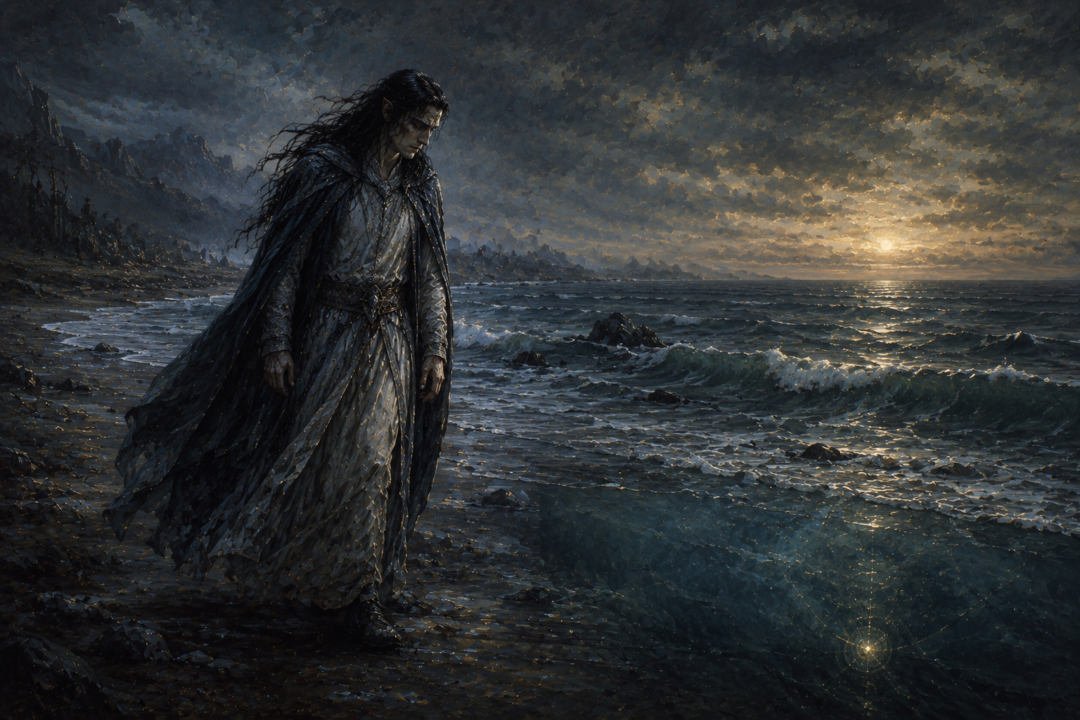 Maglor wandering alone beside the sea after casting his Silmaril into the waves