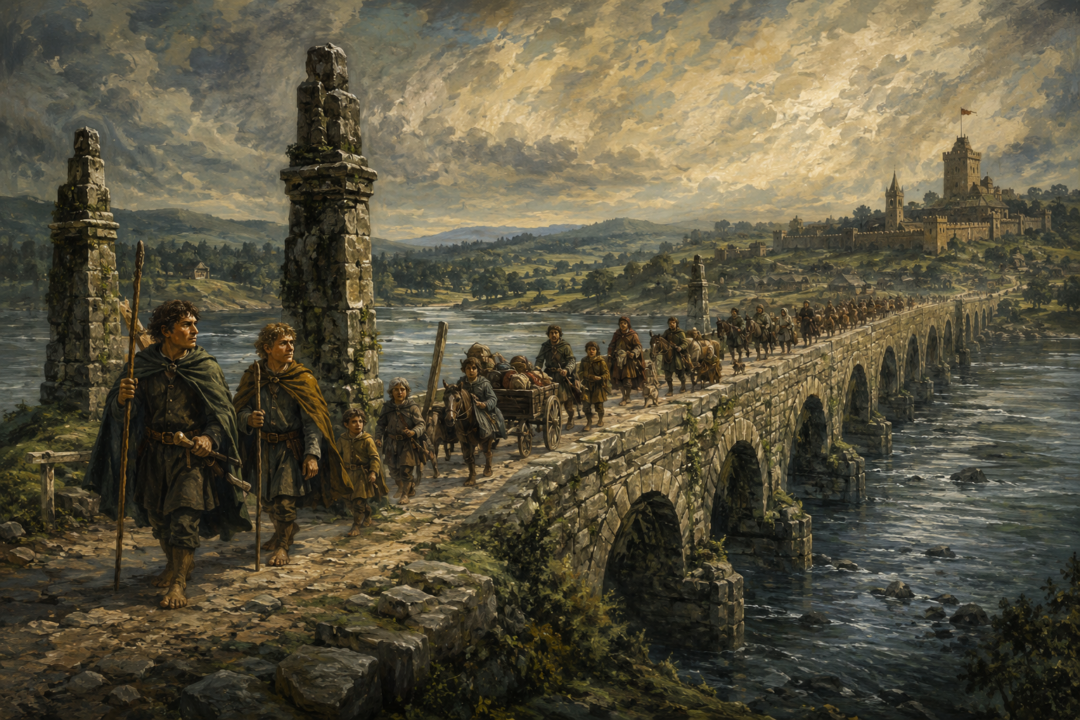 Marcho and Blanco lead Hobbit settlers across the ancient Bridge of Stonebows into the future Shire.