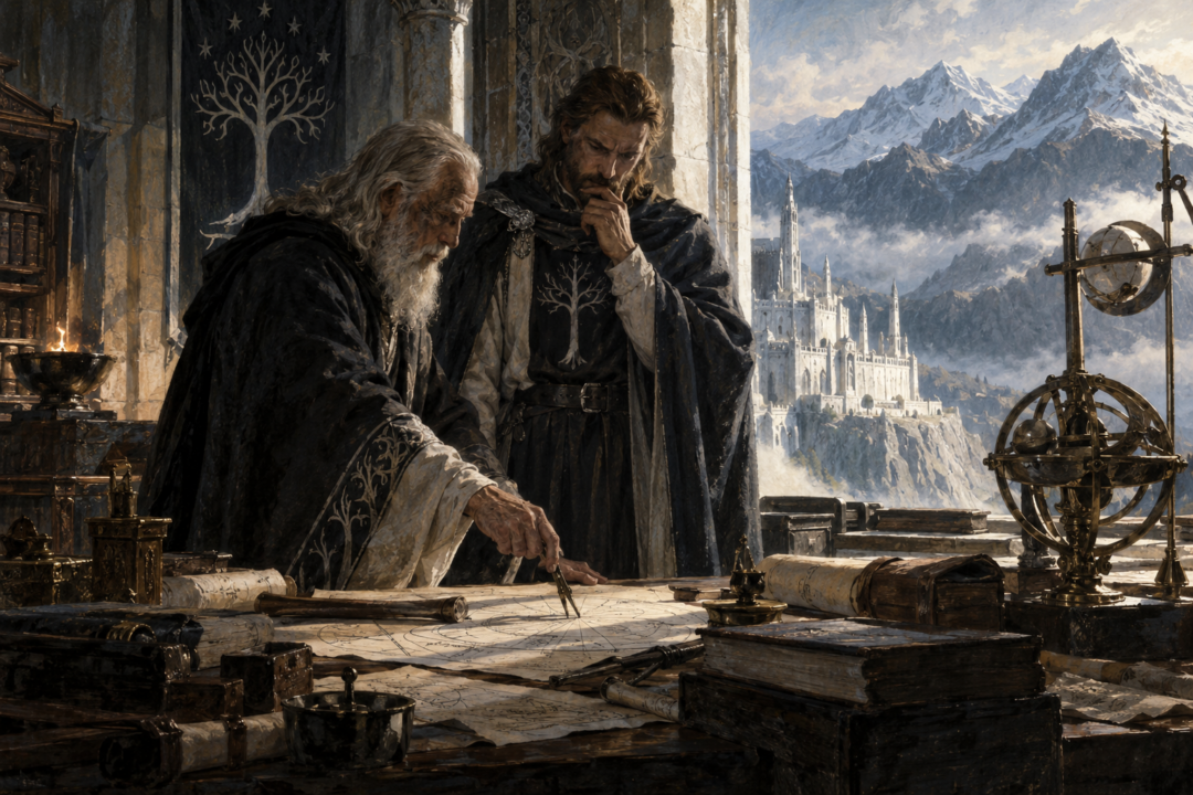 Steward Mardil and Gondorian scholars examining astronomical records used to correct the ancient calendar.