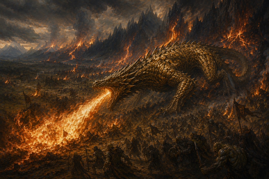 Mature Glaurung advancing in full might across burning Ard-galen during the Dagor Bragollach.