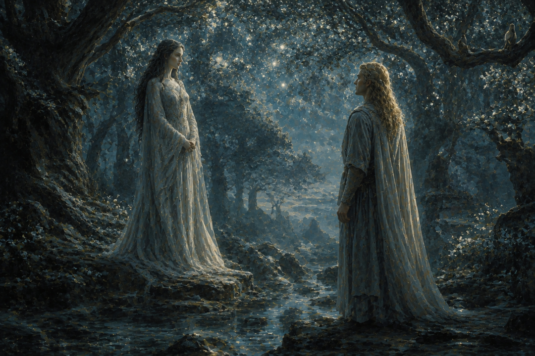 Melian and Elwë meeting beneath the starlit trees of Nan Elmoth before Melian becomes Queen of Doriath.