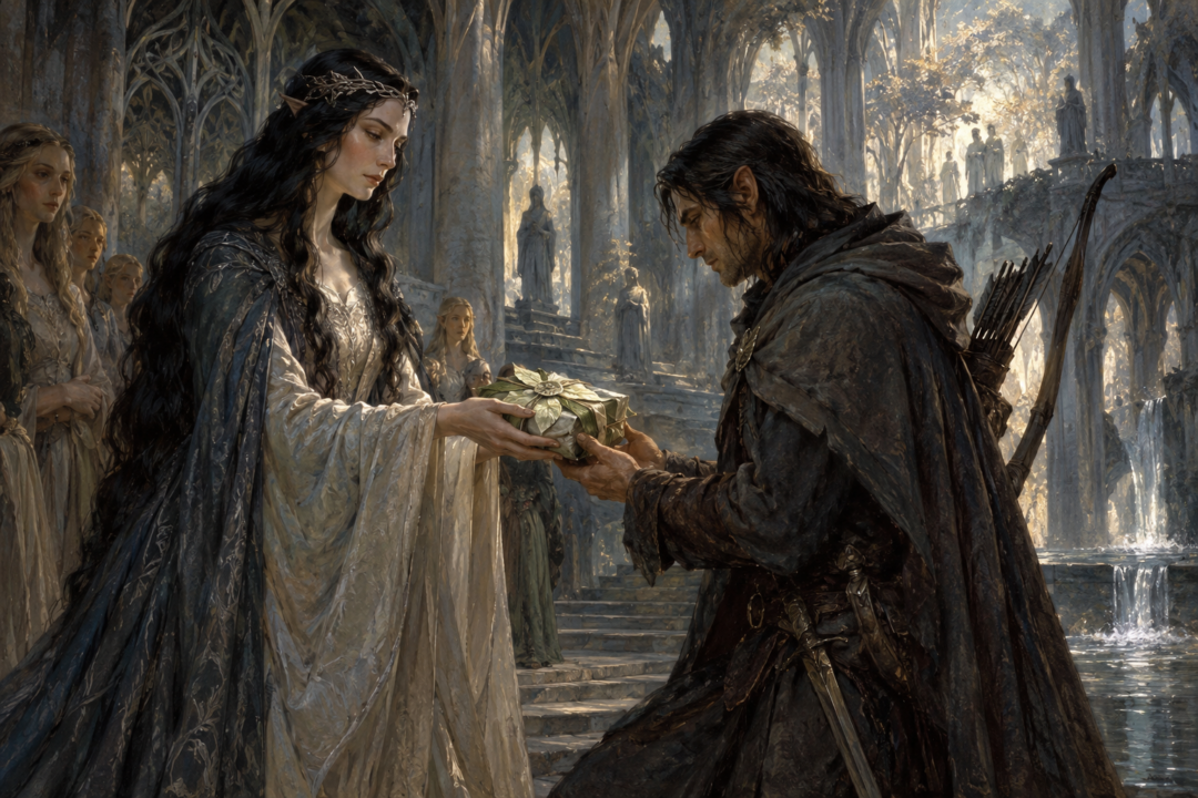 Melian entrusts Beleg with sealed lembas in the halls of Doriath before his search for Túrin.