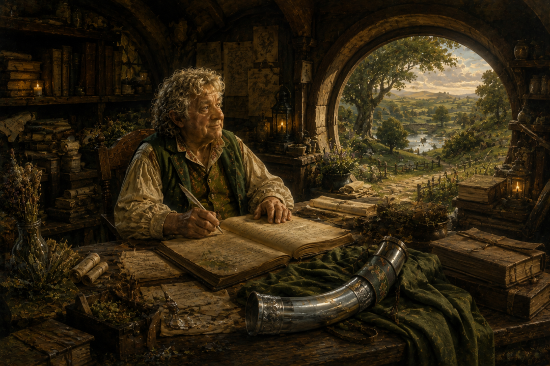 Meriadoc the Magnificent studying manuscripts and local records during his years as Master of Buckland.