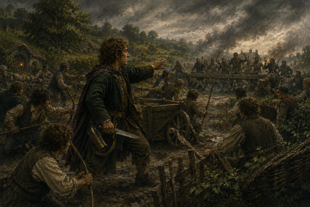 Merry leads the organized Shire hobbits at the Battle of Bywater after using his horn to raise the countryside.