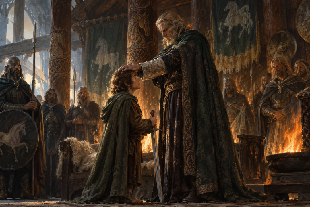 Merry Brandybuck offers his sword to King Théoden and becomes an esquire of the household of Meduseld.