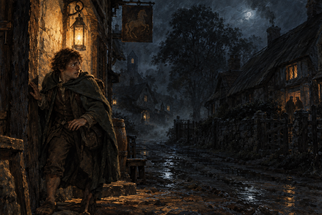 Merry senses a terrifying unseen presence on a dark Bree street near Bill Ferny's house.