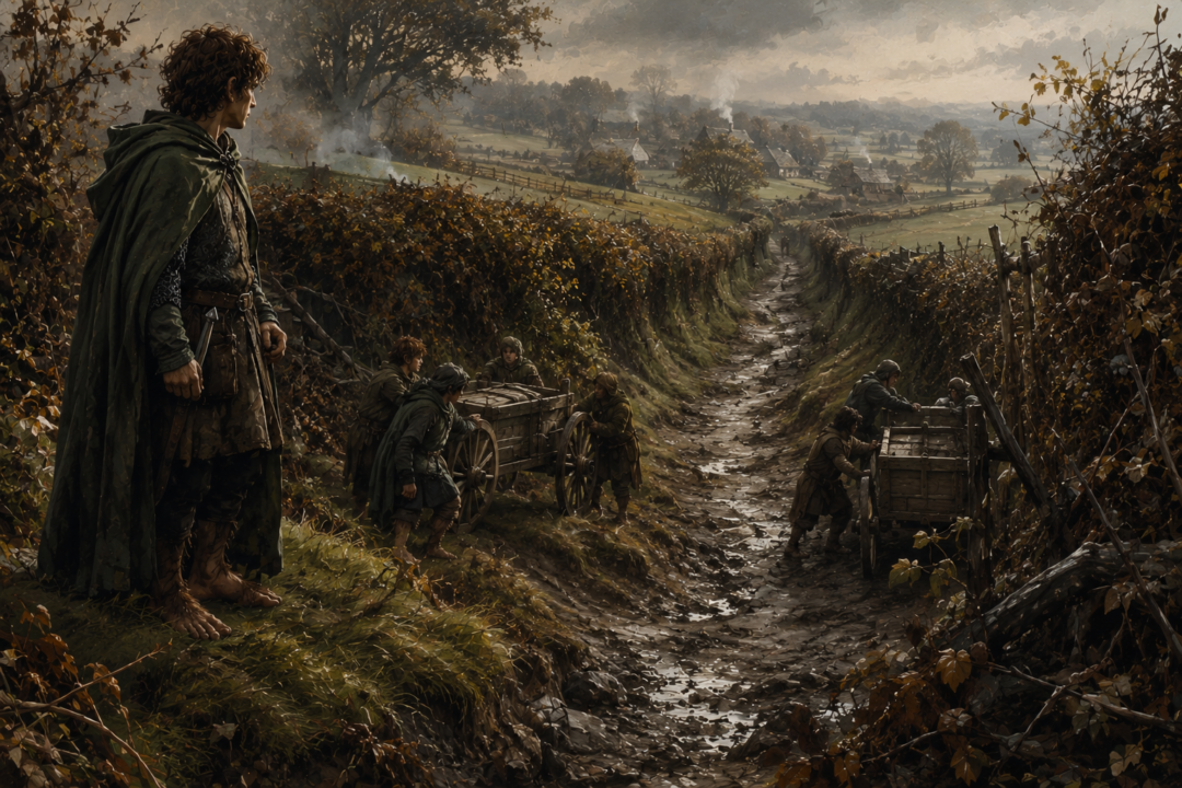 Merry Brandybuck studies the narrow Bywater Road while hobbits prepare wagons and barricades for the approaching ruffians.