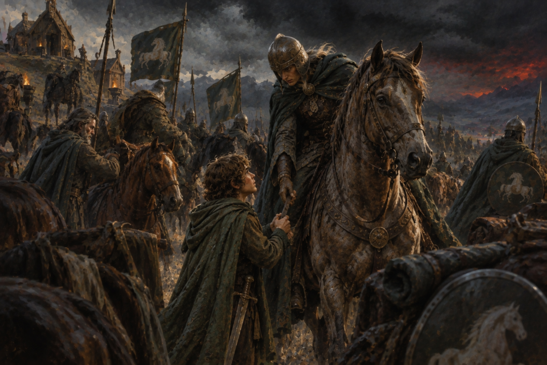 Dernhelm secretly offers to carry Merry with the Rohirrim on the desperate ride toward Gondor.