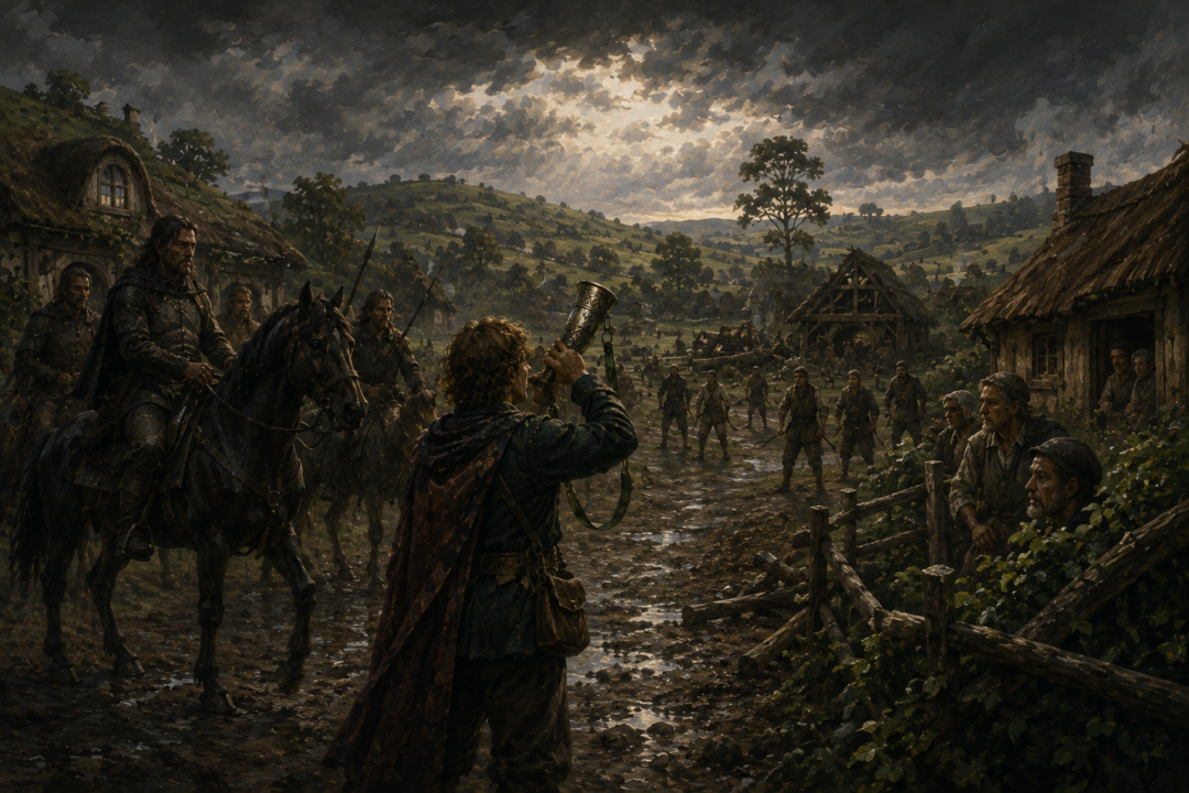 Merry prepares to sound the Horn of the Mark as Sharkey's ruffians occupy the Shire near Bywater.