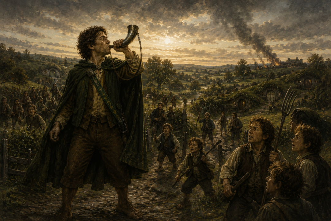 Merry sounding the Horn of the Mark as hobbits gather to resist Sharkey's Men in the Shire.