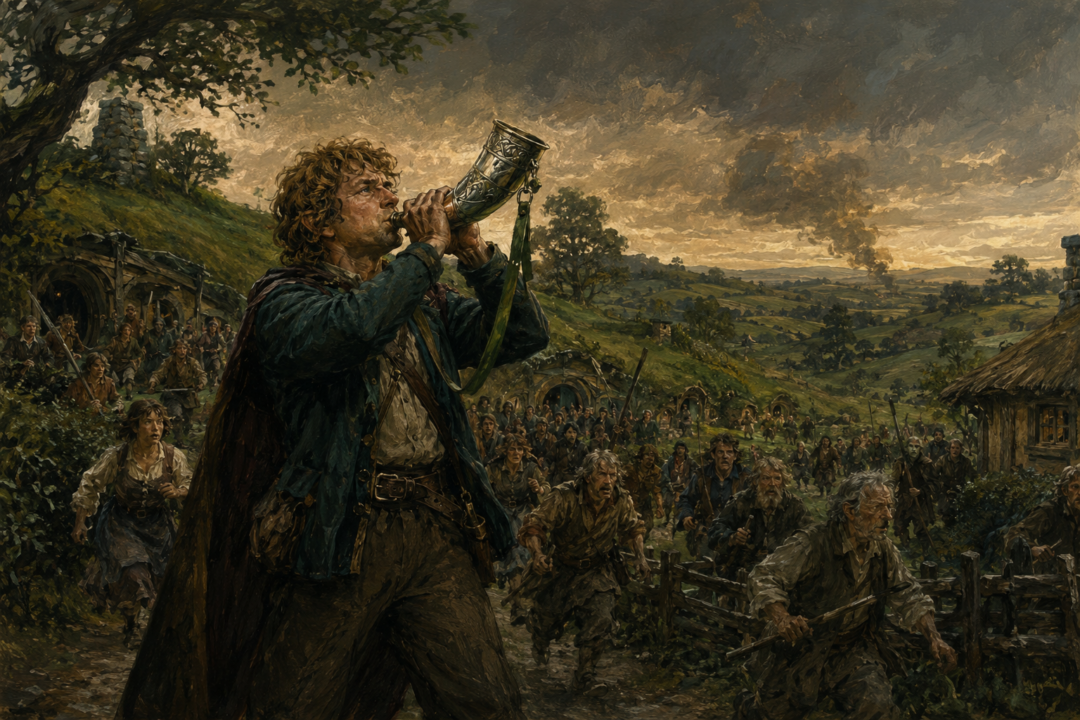 Merry Brandybuck sounds the Horn of the Mark at Bywater as hobbits gather to resist the ruffians.