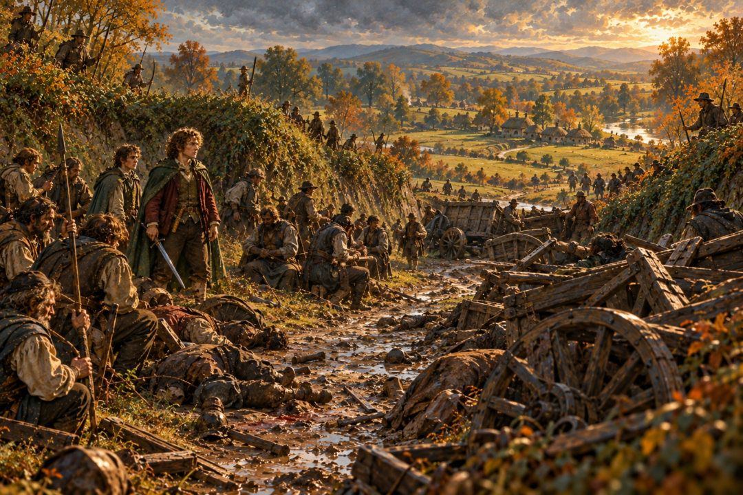 Merry and Pippin lead hobbits against ruffians who have climbed out of the enclosed road during the Battle of Bywater.