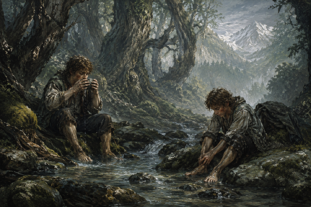 Exhausted Merry and Pippin find refreshment in the waters beside Fangorn Forest after escaping the Orcs.