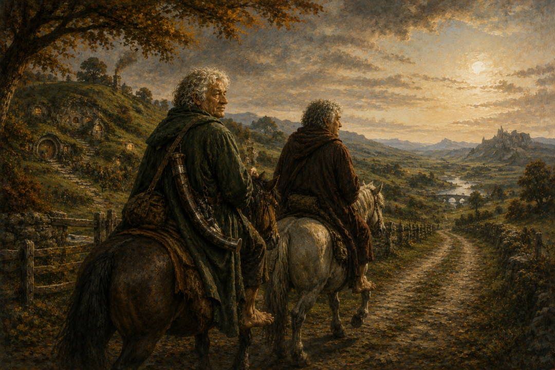 Elderly Merry and Pippin leaving Buckland for their final journey toward Rohan and Gondor.