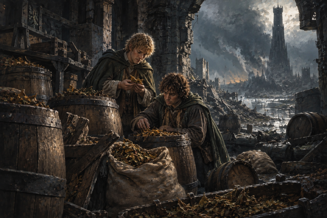 Merry and Pippin discover Shire pipe-weed among the stores in the wreckage of Isengard.