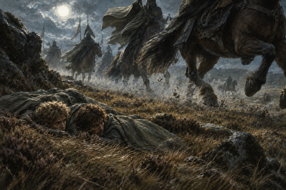Merry and Pippin concealed against the ground by their grey Lórien cloaks as riders pass dangerously close.