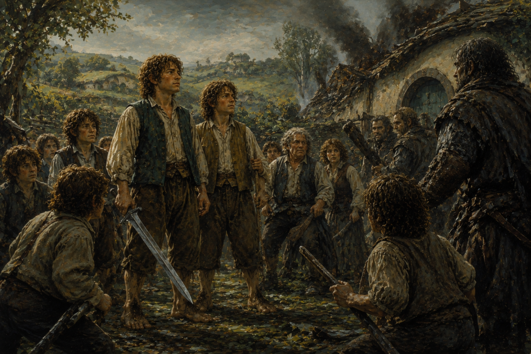 The unusually tall Merry and Pippin return as experienced leaders during the resistance to the ruffians in the Shire.