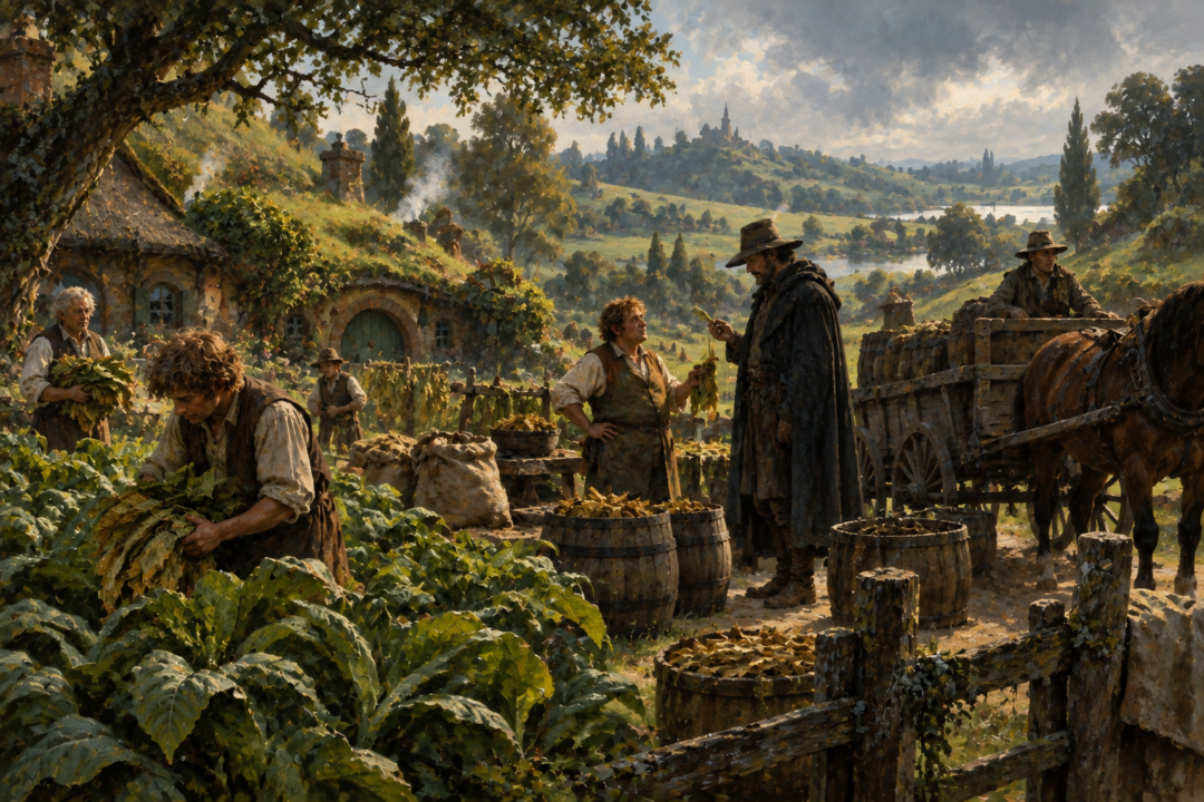Merry and Pippin discover barrels of Southfarthing pipe-weed among the flooded ruins of Isengard.