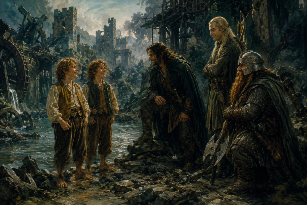 Aragorn, Legolas, and Gimli notice Merry and Pippin's increased height when the companions reunite at Isengard.