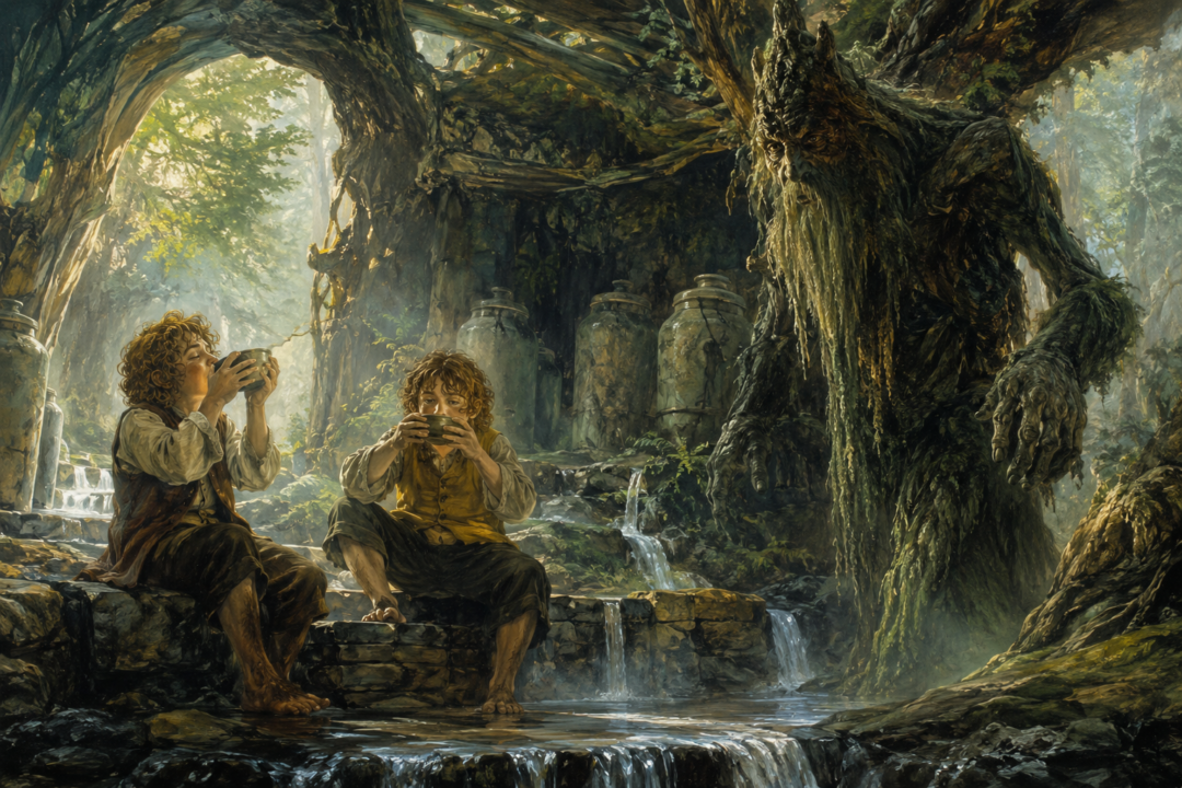 Merry and Pippin drink Ent-draught from bowls in Treebeard's Wellinghall in Fangorn Forest.