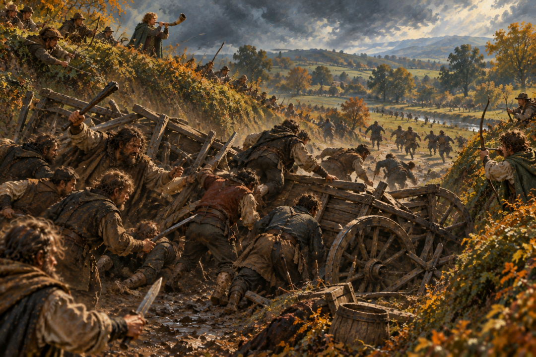 Merry Brandybuck directs Shire hobbits preparing a farm-cart barricade on the Bywater Road before the battle.
