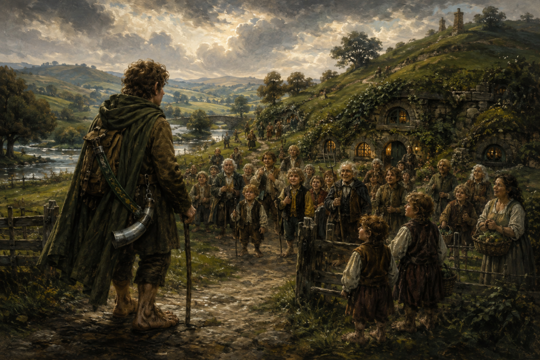 Meriadoc Brandybuck returning to Buckland after the War of the Ring with the Horn of the Mark.