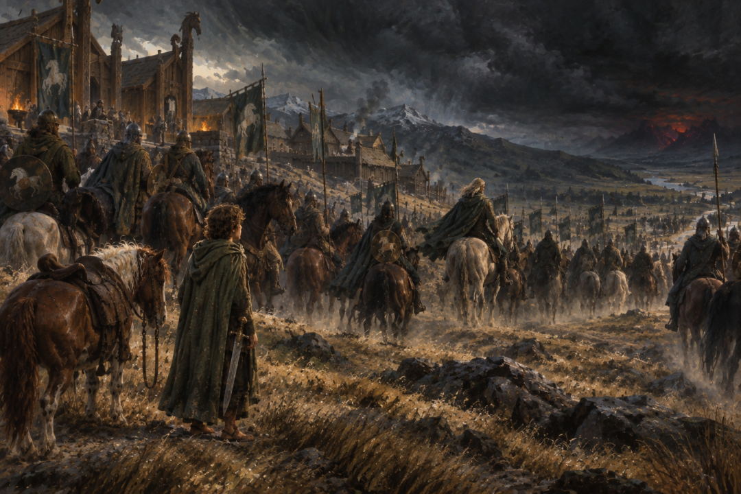 Merry watches the mounted Rohirrim prepare to leave Edoras after being ordered to stay behind.