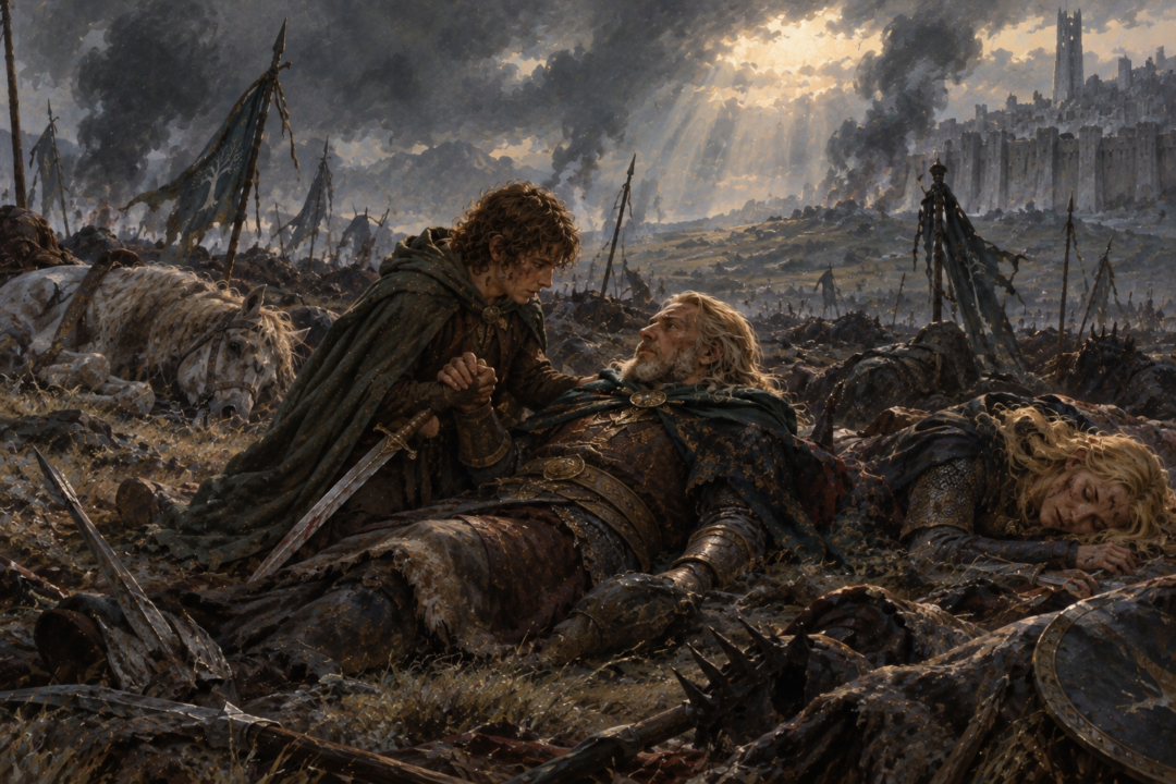Merry kneels beside the fallen King Théoden on the Pelennor Fields after the battle with the Witch-king.