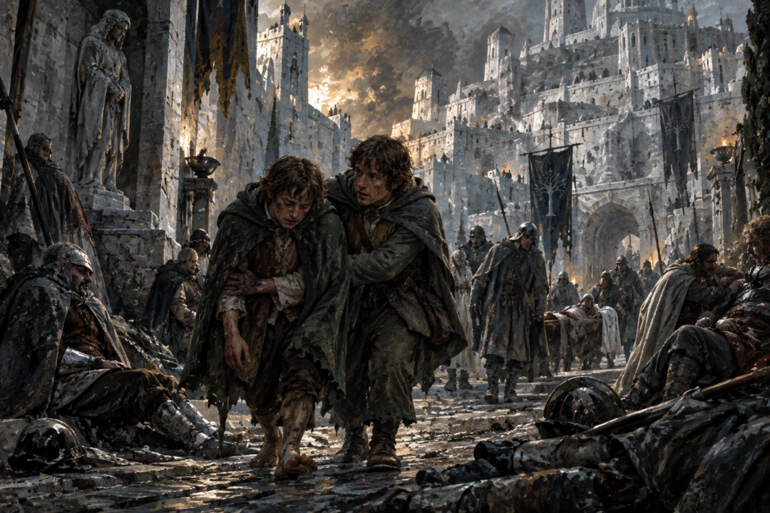 Pippin helping the wounded Merry through Minas Tirith after his encounter with the Witch-king.