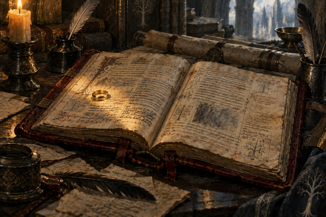 An aged red-bound manuscript with layers of marginal annotations left by different generations of scribes.