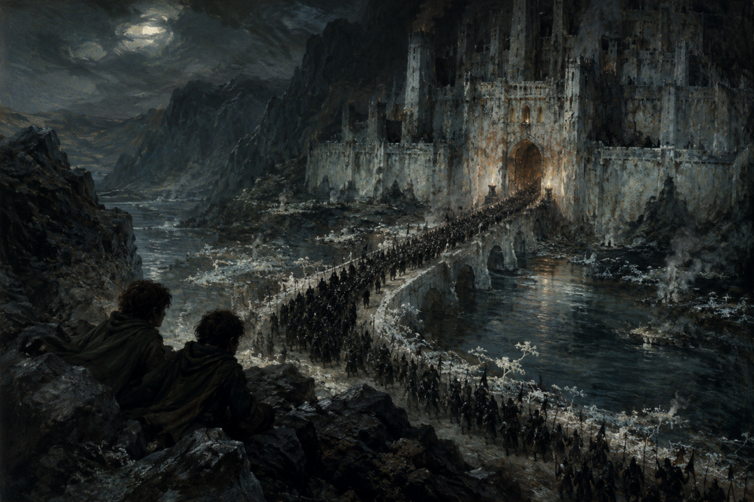 Frodo and Sam watch a vast army pour from Minas Morgul across the bridge into the Morgul Vale.