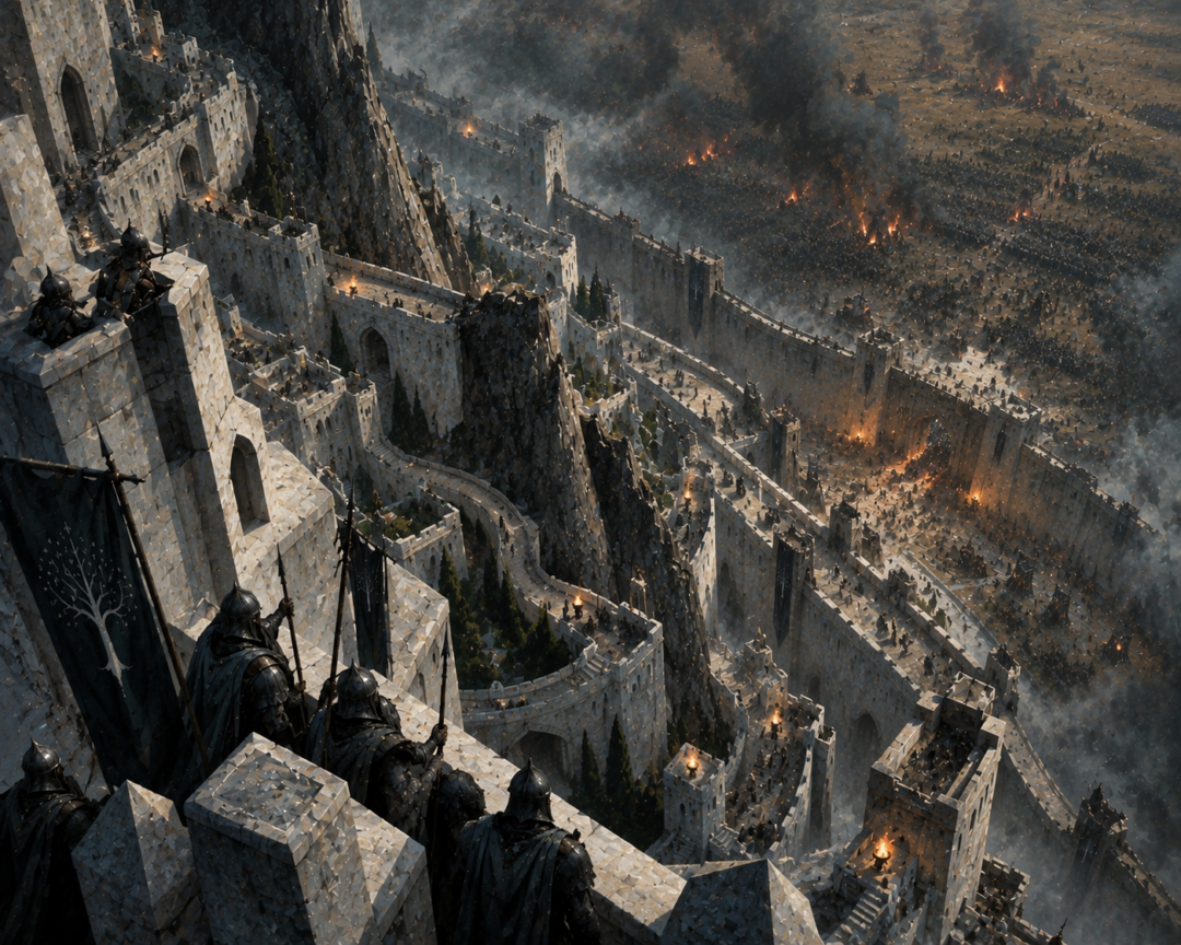 View from the high bastion of Minas Tirith down across successive walls and winding roads to the Great Gate