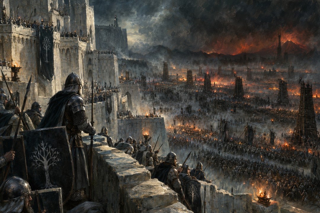 Gondorian defenders in armour and shields watch the armies of Mordor gather outside Minas Tirith during the siege