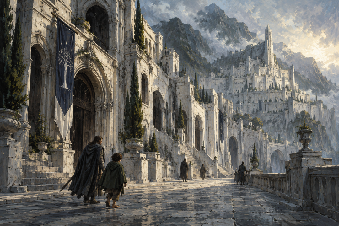 Pippin walking through the sparsely inhabited streets and empty houses of Minas Tirith