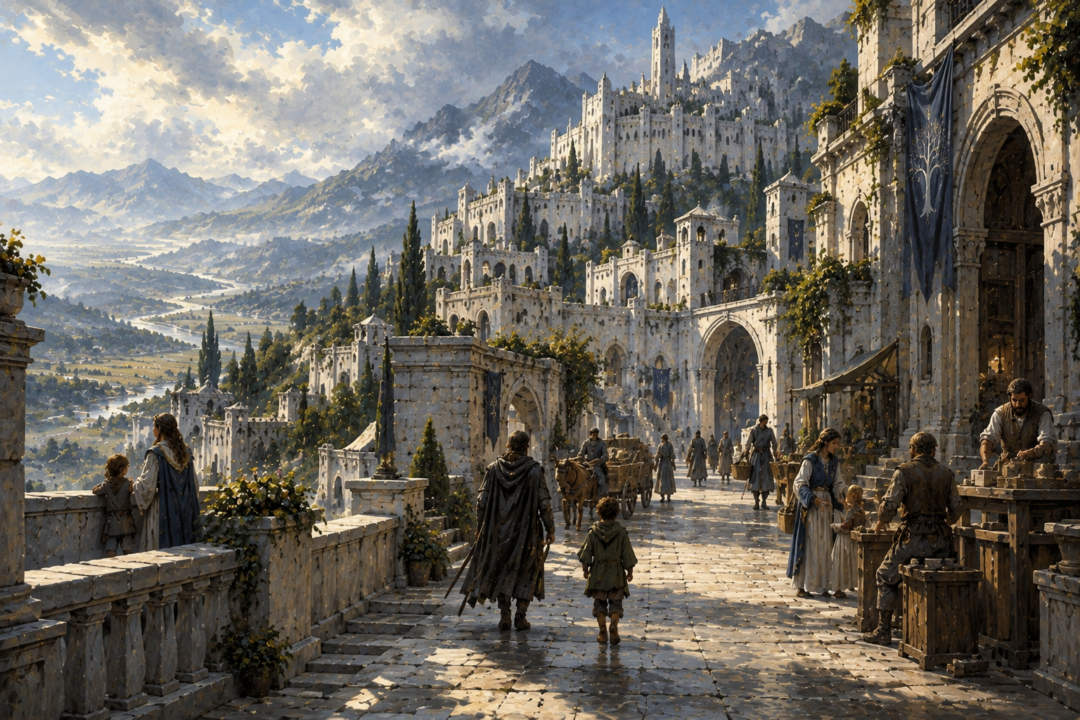 Families and craftspeople bringing new life to an ancient street of Minas Tirith after the War of the Ring
