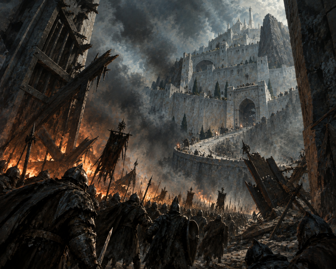 The breached Great Gate of Minas Tirith with higher walls and the offset Second Gate still blocking the ascent