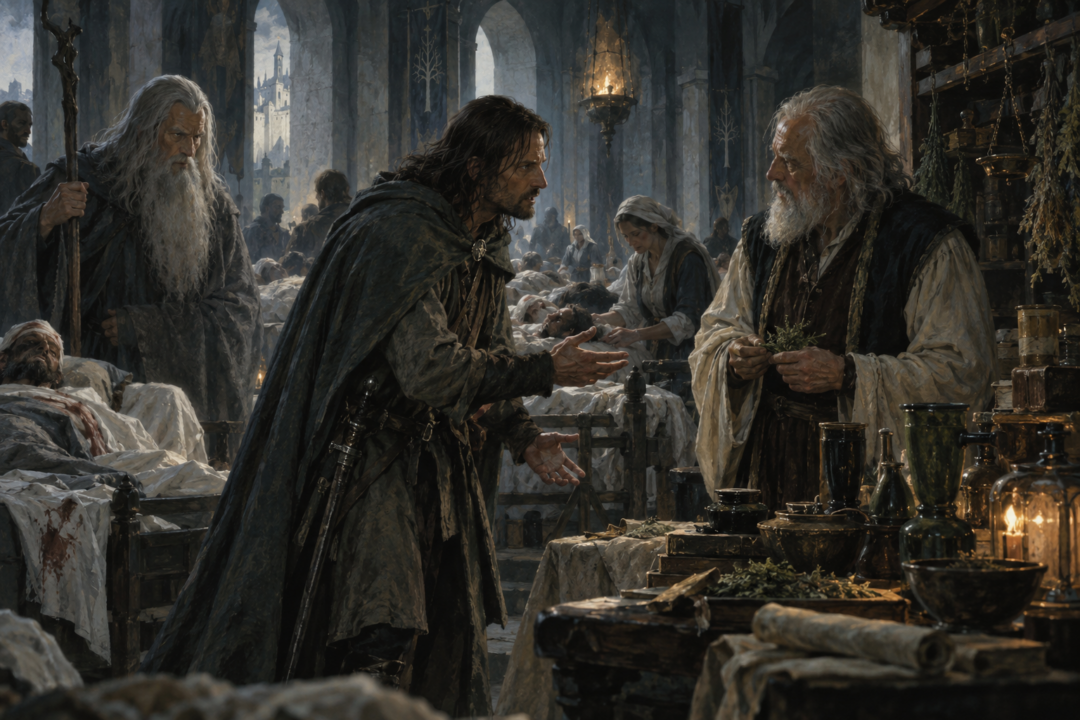 Aragorn urgently asks the herb-master for athelas inside the crowded Houses of Healing in Minas Tirith.