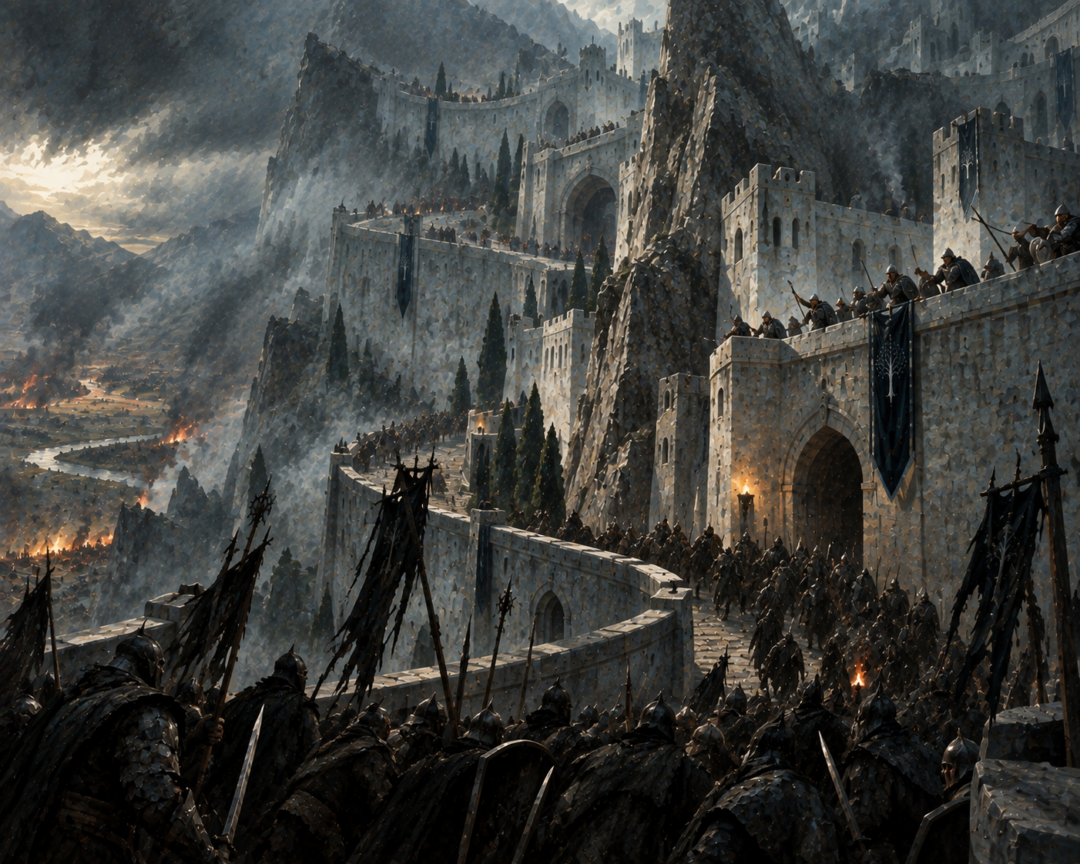 Enemy forces forced to turn through a lower circle of Minas Tirith before attacking the next offset gate