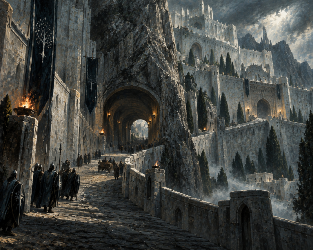 The winding road of Minas Tirith passing through a tunnel in the city's massive central rock spur