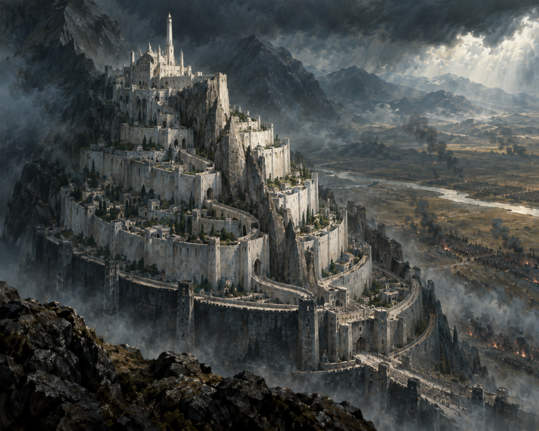Minas Tirith rising in seven fortified levels with offset gates and a winding road toward the Citadel