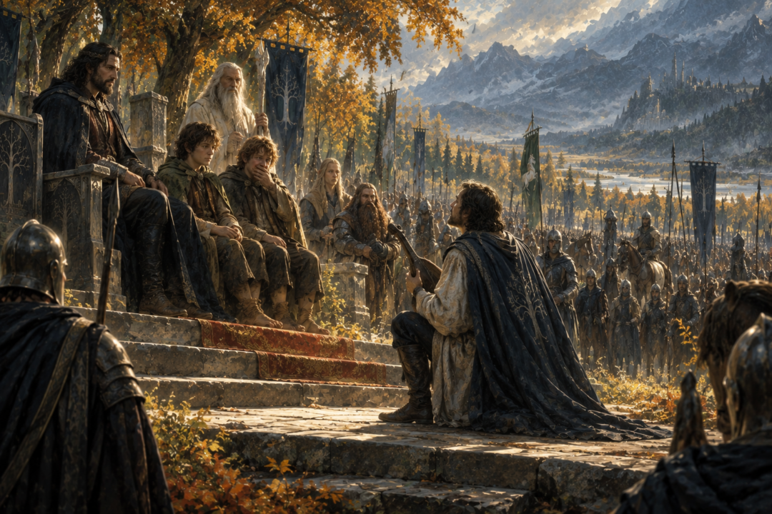 A Gondorian minstrel performing before Frodo, Sam and the assembled Host of the West on the Field of Cormallen