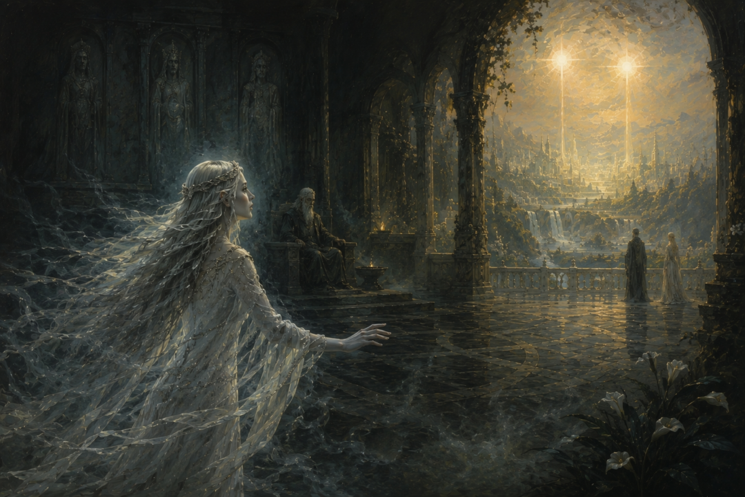 Míriel in the Halls of Mandos longing to return to embodied life after Finwë has remarried
