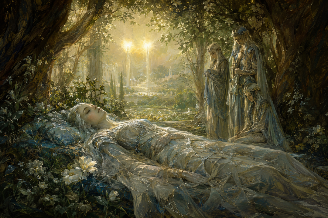 Míriel Þerindë resting in the gardens of Lórien as her spirit departs her body in Aman