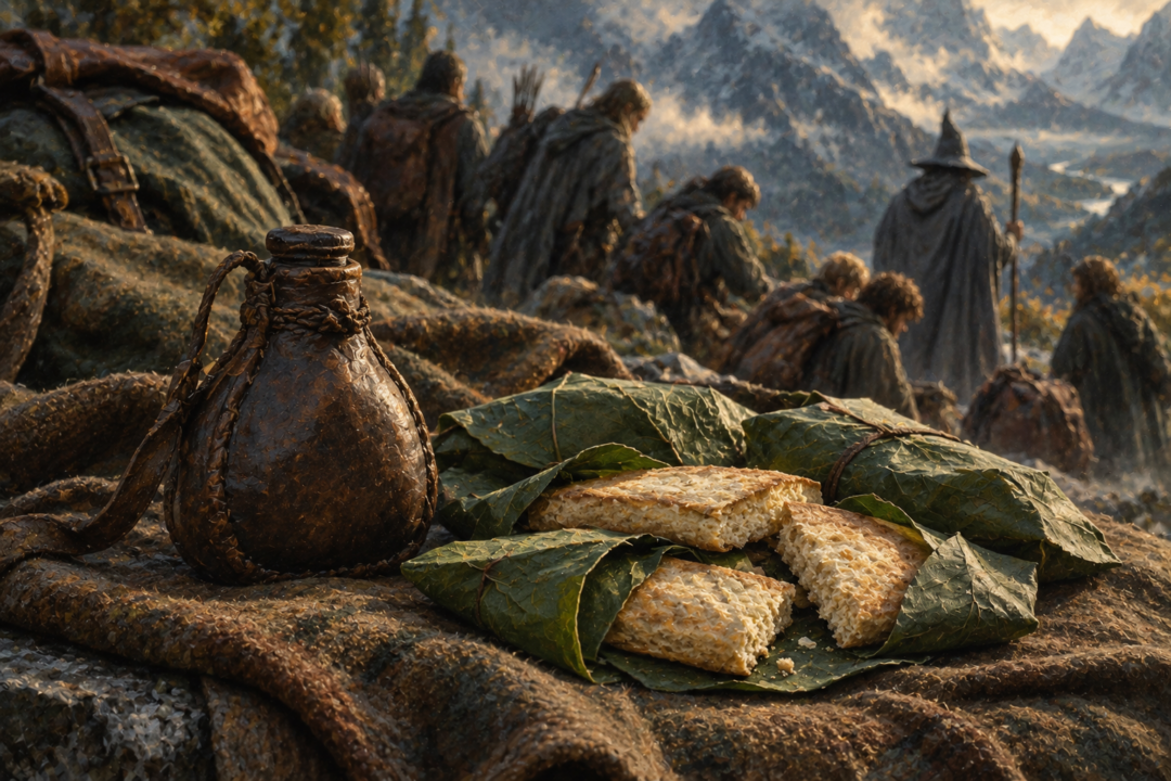 A leather flask of miruvor beside leaf-wrapped lembas cakes, contrasting Elvish cordial with travelling food.