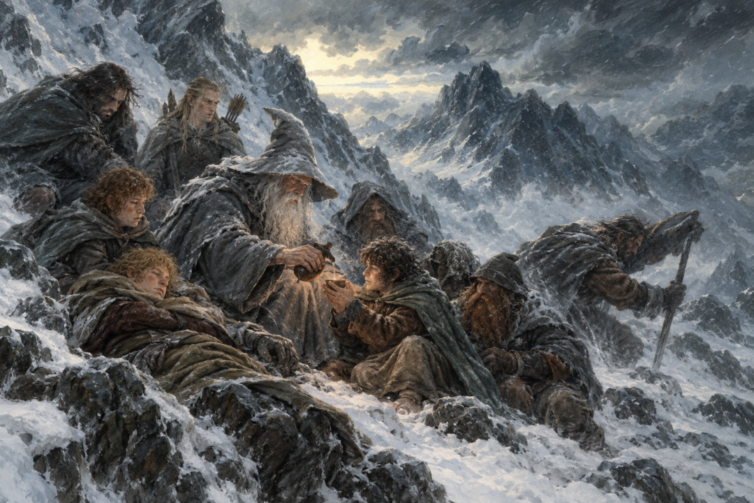 Gandalf shares precious miruvor with the exhausted Fellowship during the snowstorm on Caradhras.