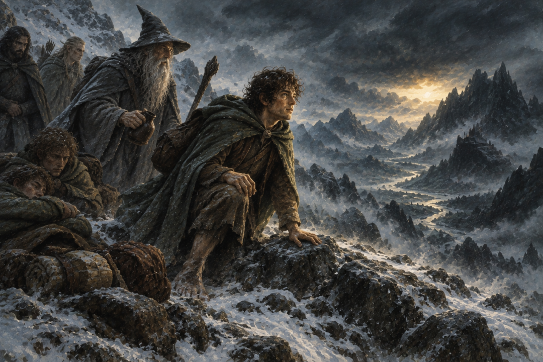 An exhausted traveller rises with renewed courage after receiving miruvor while the dangerous road remains ahead.