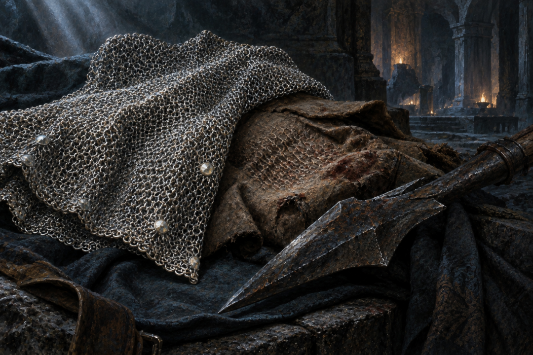 Close view of Bilbo's fine mithril mail beside an Orc spearhead and impact-marked leather
