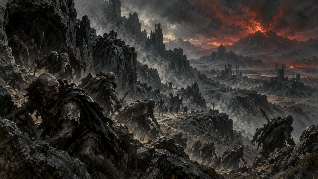 The ruined Morannon and Towers of the Teeth after Sauron’s fall as warriors look into the opened pass of Cirith Gorgor.