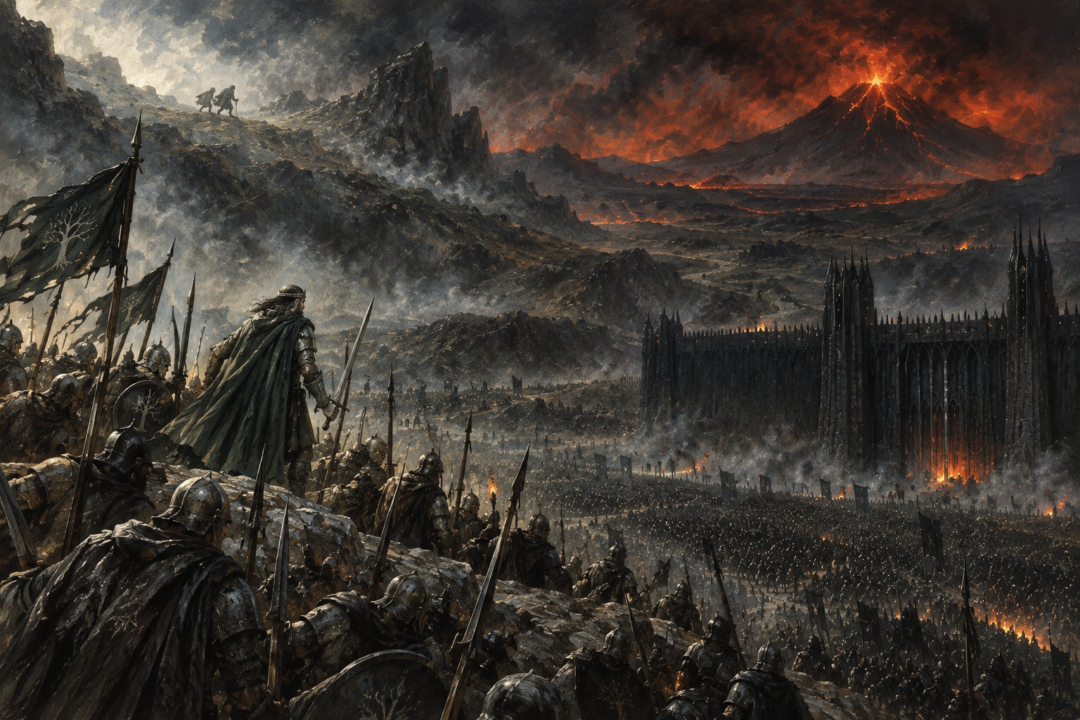Aragorn's army distracts Sauron at the Morannon while two Hobbits approach Mount Doom in the distance.