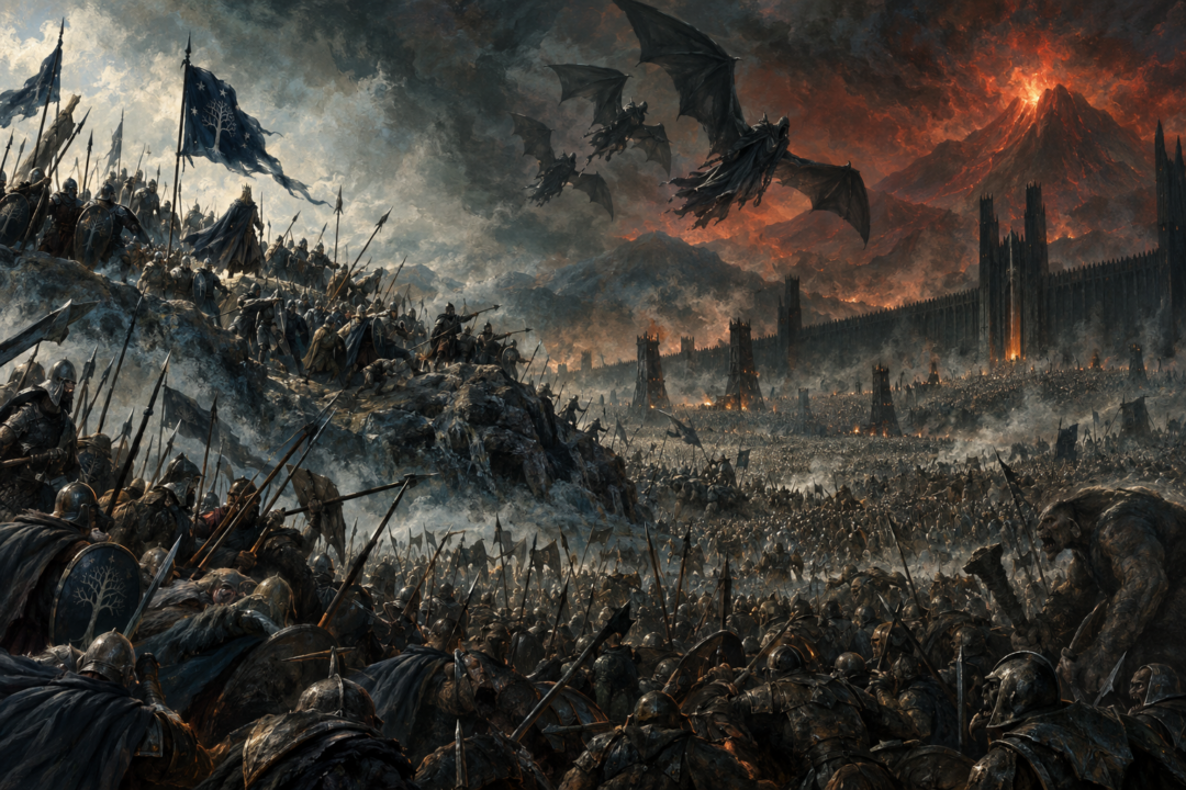 Sauron's armies hesitate at the Morannon as the Nazgûl turn toward Mount Doom and the Host of the West holds its ground.
